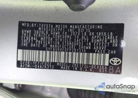 2015 Toyota Corolla S Plus z USA, uszkodzony, nr VIN 5YFBURHE0FP281314